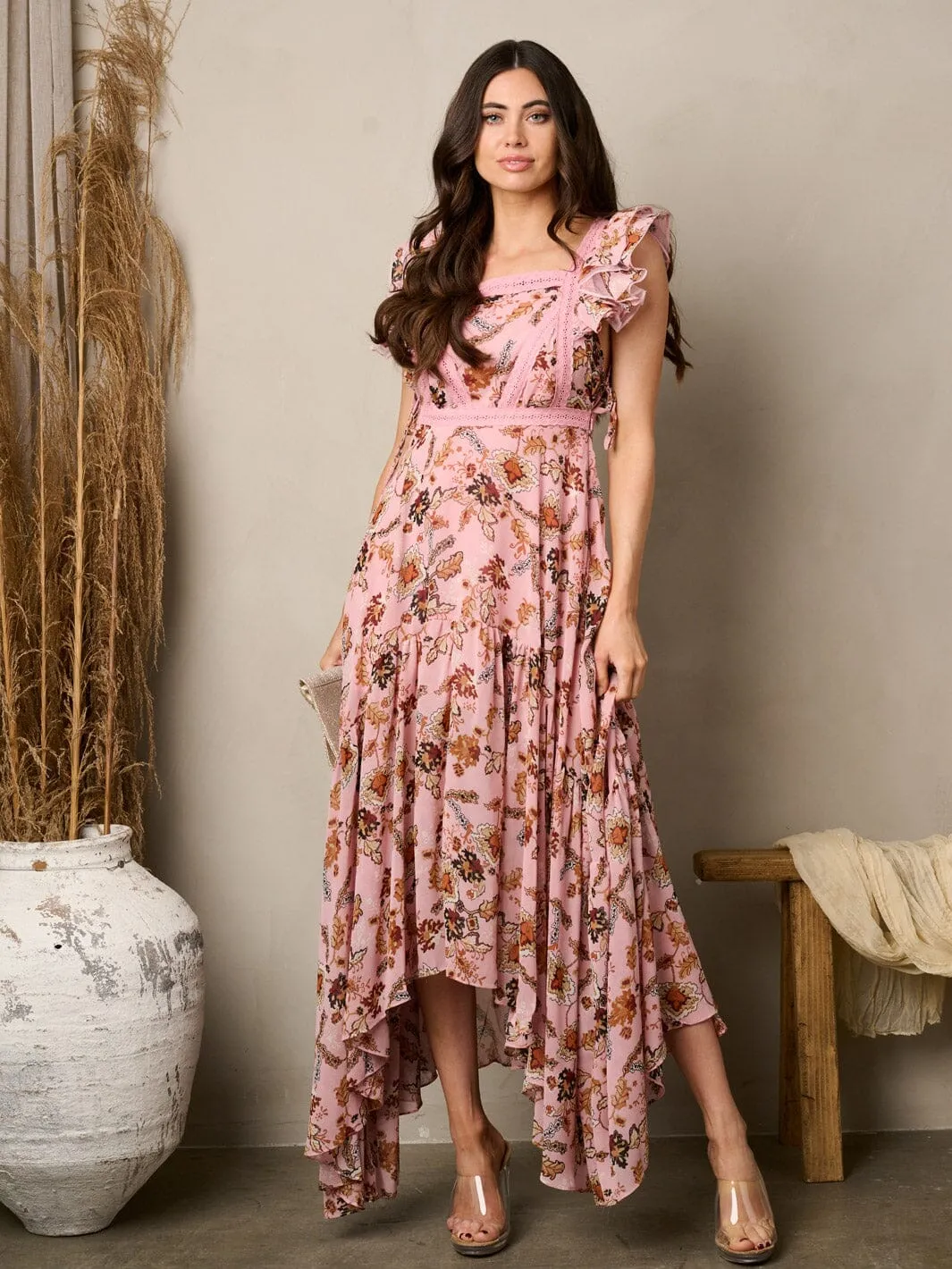 WOMEN'S SLEEVELESS RUFFLE FLORAL MAXI DRESS