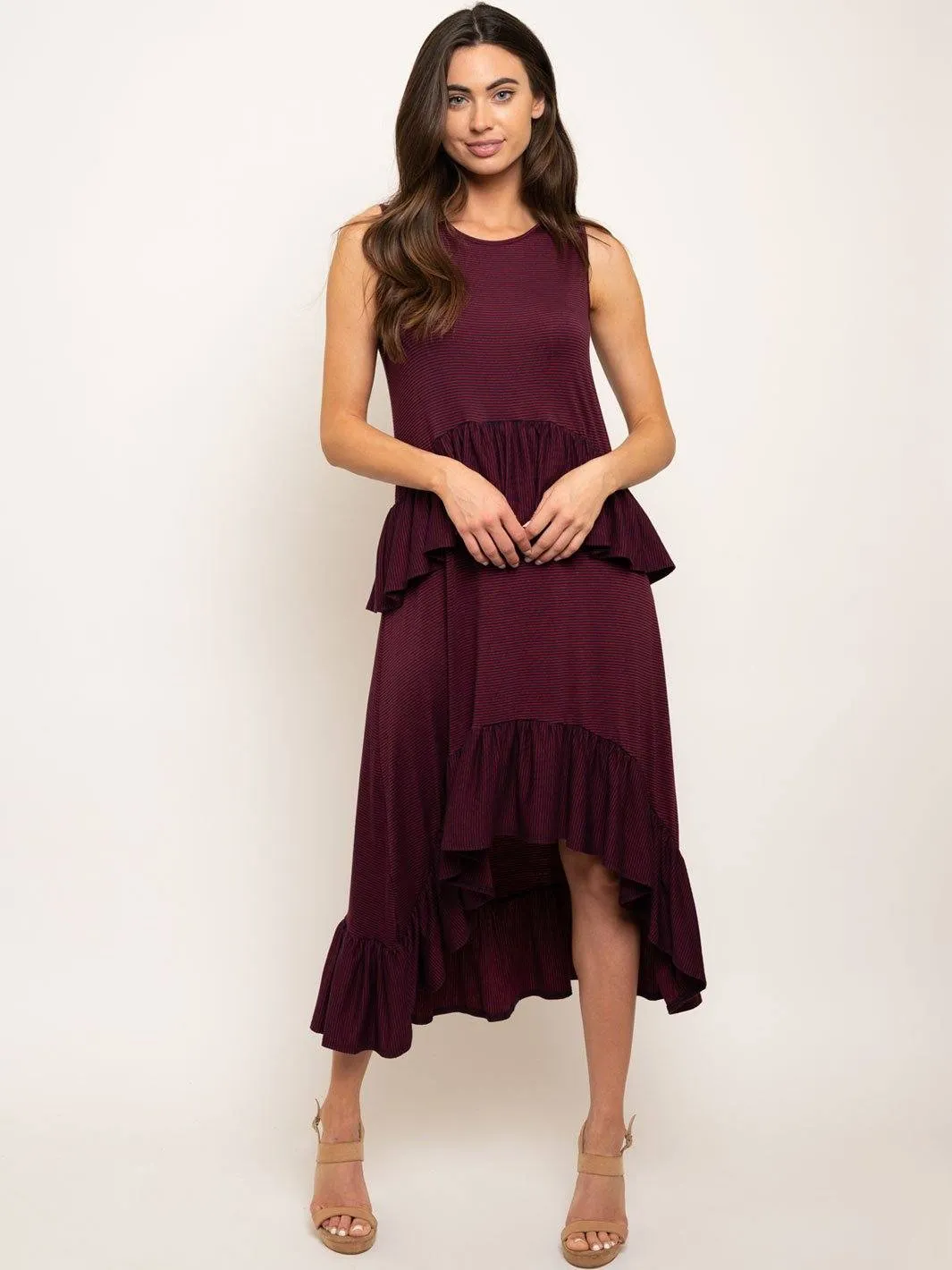 WOMEN'S STRIPED ASYMMETRICAL RUFFLE DETAIL DRESS